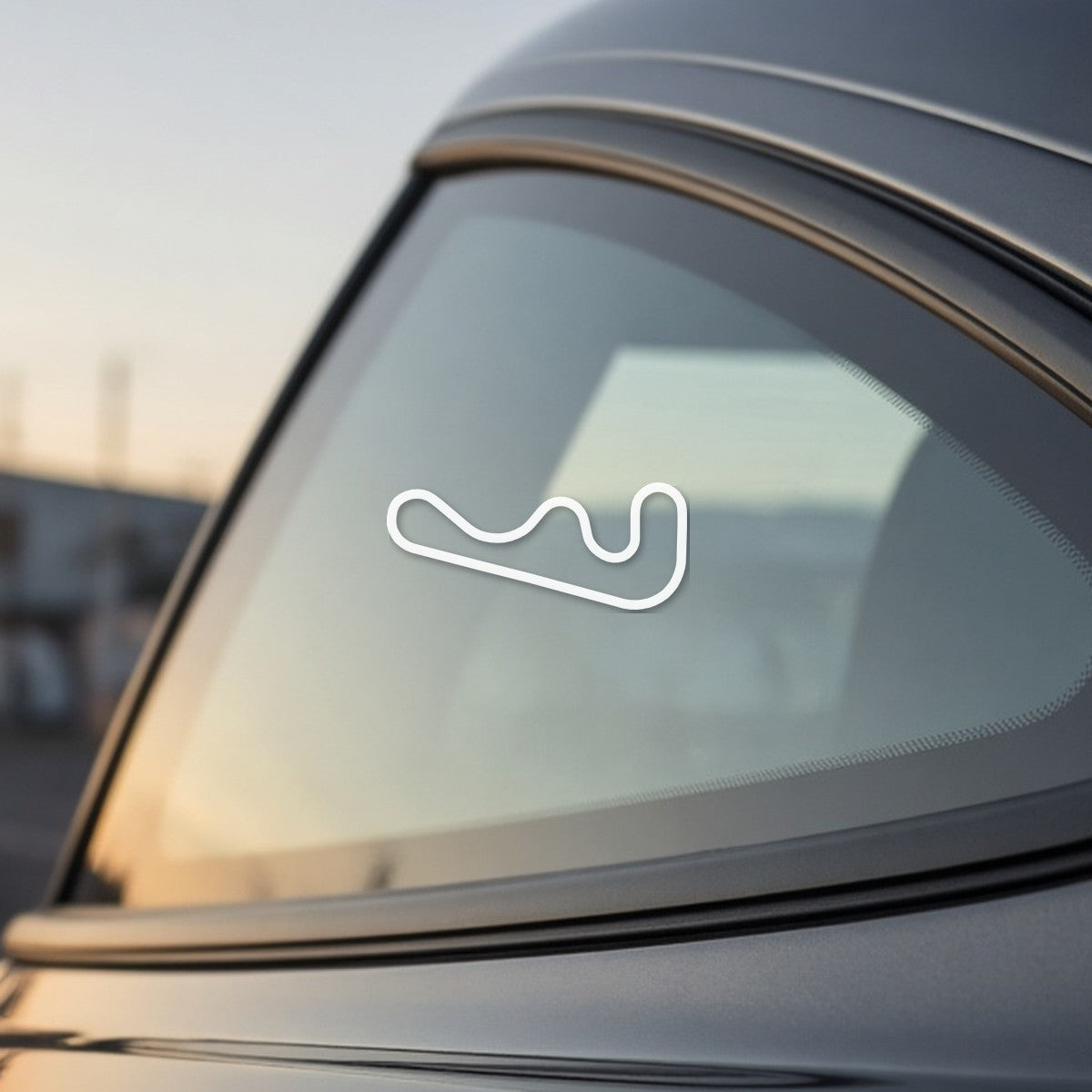 Roebling Road track outline sticker on a car window